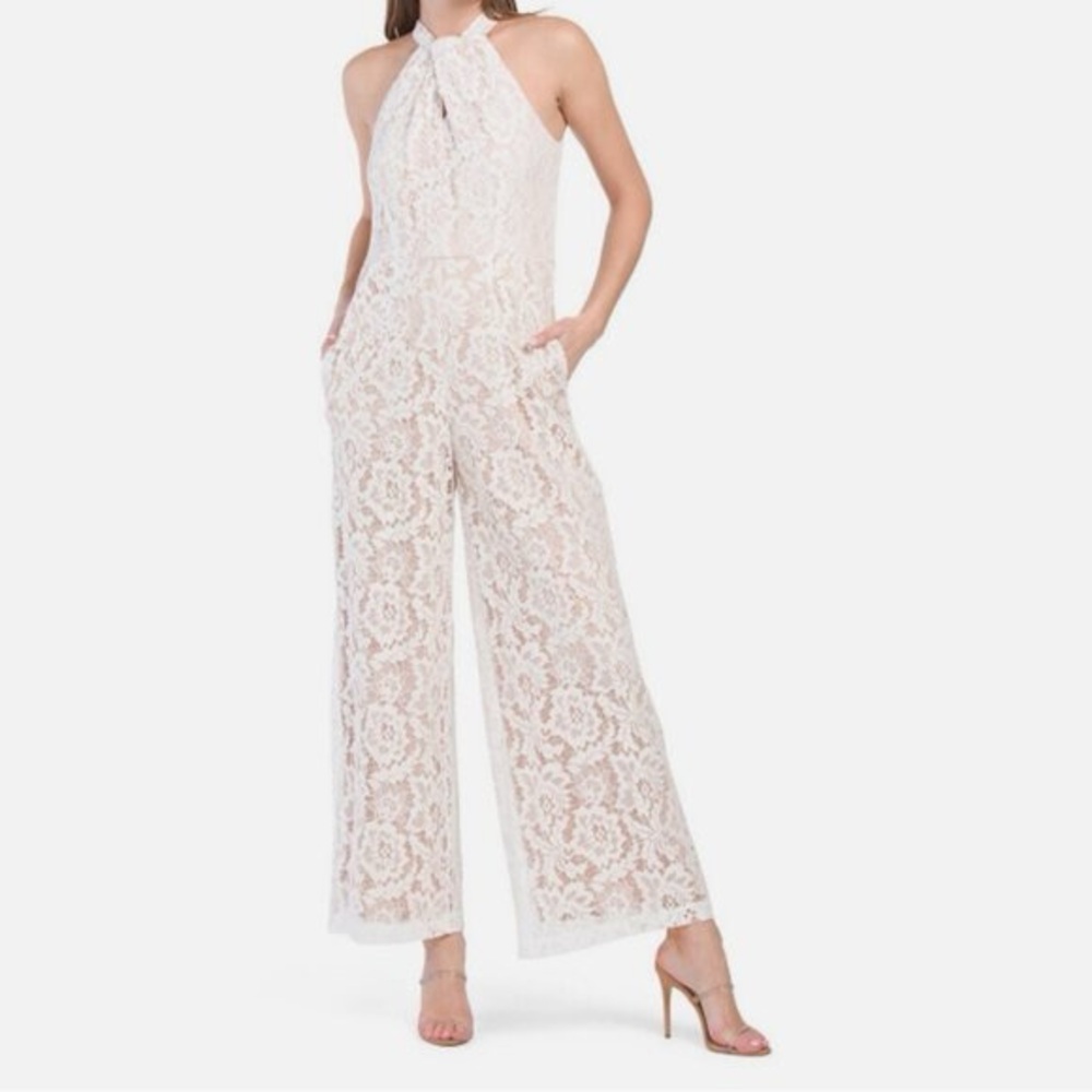 Julia  Jordan White Nude Lace Halter Wide-Leg Jumpsuit